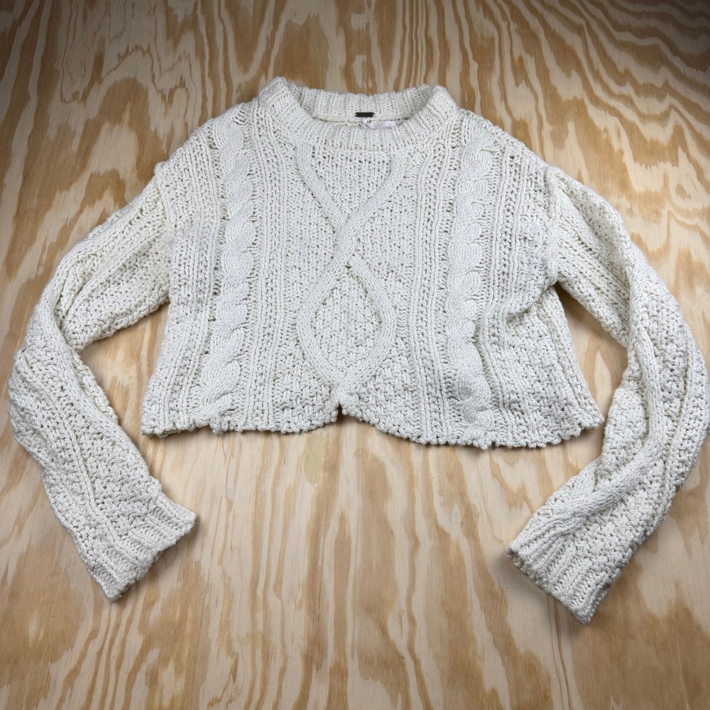 Free People Womens XS Ivory White Cable Knit Cropped Cotton Sweater Open Stitch